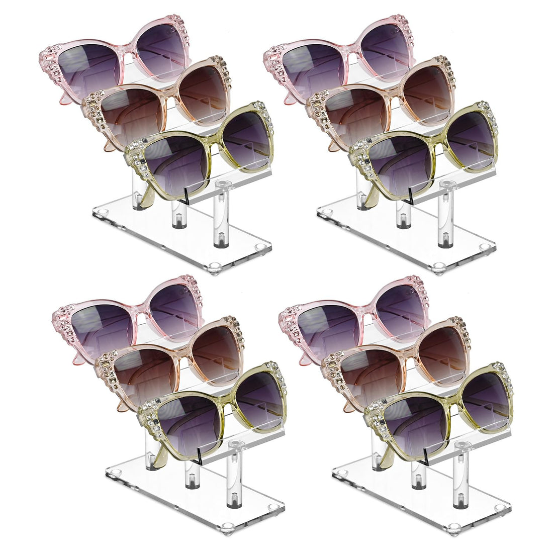 BEST MEDIA Premium Acrylic Eyewear Display Stand, Vertical Organizer Rack for Sunglasses, Space-Saving Professional Holder for Home, Vanity or Retail Counter Display, Transparent (3-Tier, Set of 4)