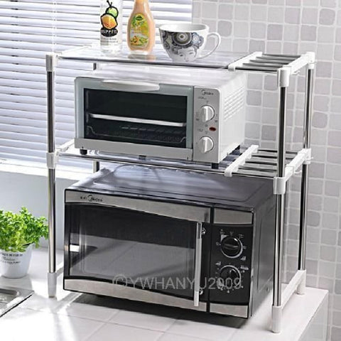 Discount Seller Stainless Steel Extendable Chrome 2 Shelf Microwave Oven Storage Rack with Hanging Hooks