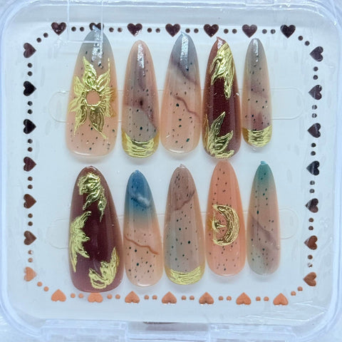 Premium Press On Nails Set – Long & Glossy False Nails with Gold, Silver & Black Details – Reusable, Salon Quality - 6 different sets (Multicolor/Galaxy)