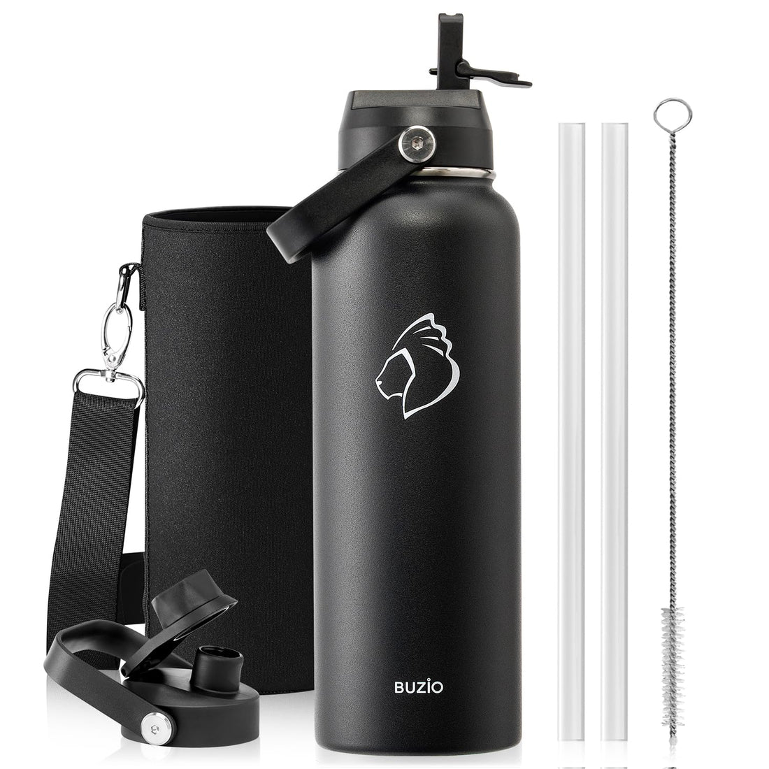 BUZIO 1200ml Insulated Water Bottle with Straw Lid and Flex Cap,40oz Double Vacuum Stainless Steel Water Flask, Cold for 48 Hrs Hot for 24 Hrs Simple Thermo Canteen Mug, Black
