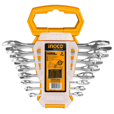 INGCO HKSPA2088 Double Mouth Spanner Set, Set of 8, 0.2-0.9 inches (6-22 mm), For Assembly, Automotive Repair, Cr-V Material
