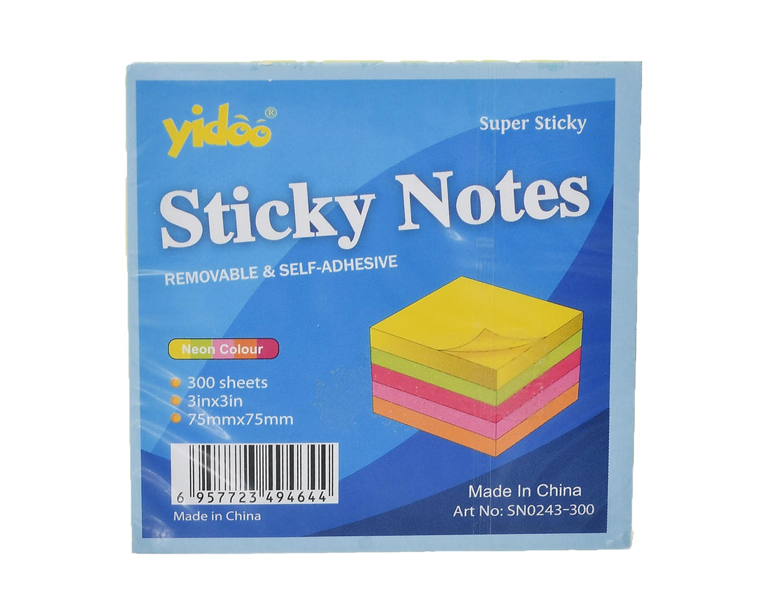 Yadoo Sticky Notes, 5 Fluorescent Colors, 75x75mm, 300 Sheets, Bold Organization for School and Office