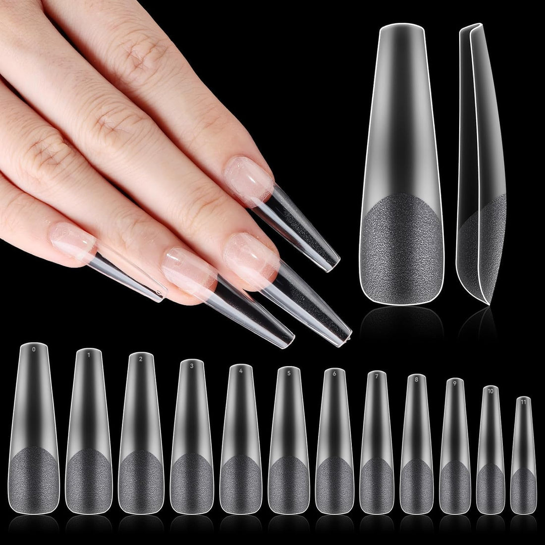 XXL Coffin Nail Tips, Half Matte Clear Half Cover Coffin Flat Tips for Acrylic Nails Salons Home DIY Extensions(12 Sizes 550PCS)