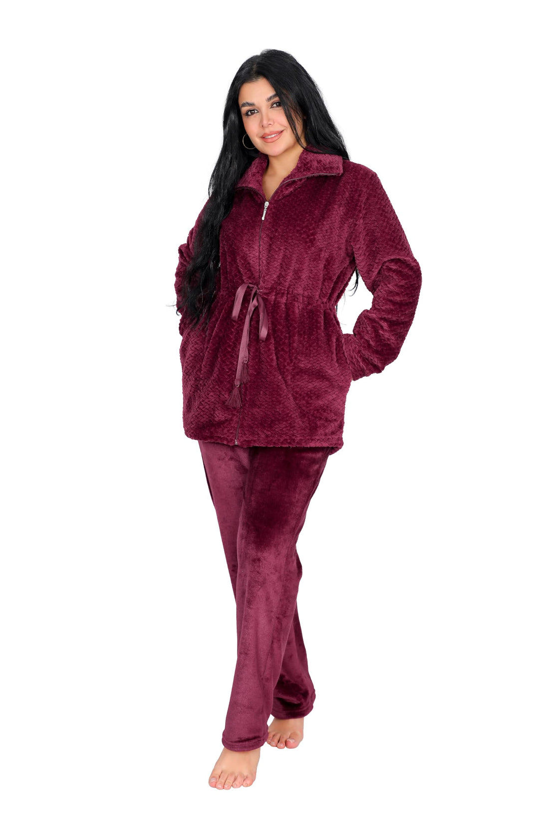 Dadosh Women's 2 Piece Fur Pajamas Set with Zipper and Waist Belt - Long Sleeve Women's Fur Pajamas - Women Pajama Set Combining Elegance and Comfort