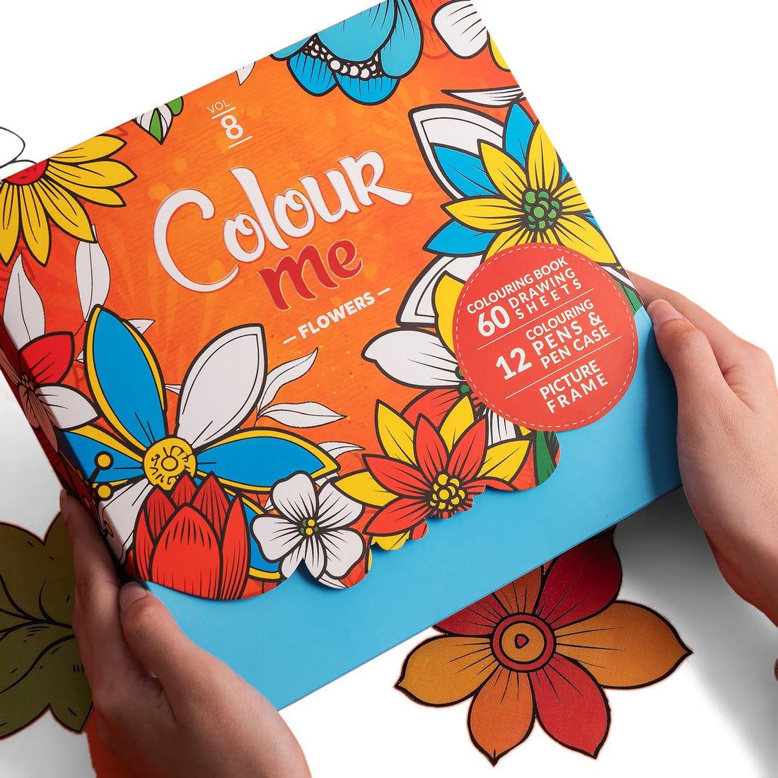 Color Me 8 Flower Adult Coloring Book with 2 Gifts 12 Color Box Flowmaster in Pencil Case and Frame in Box Signature