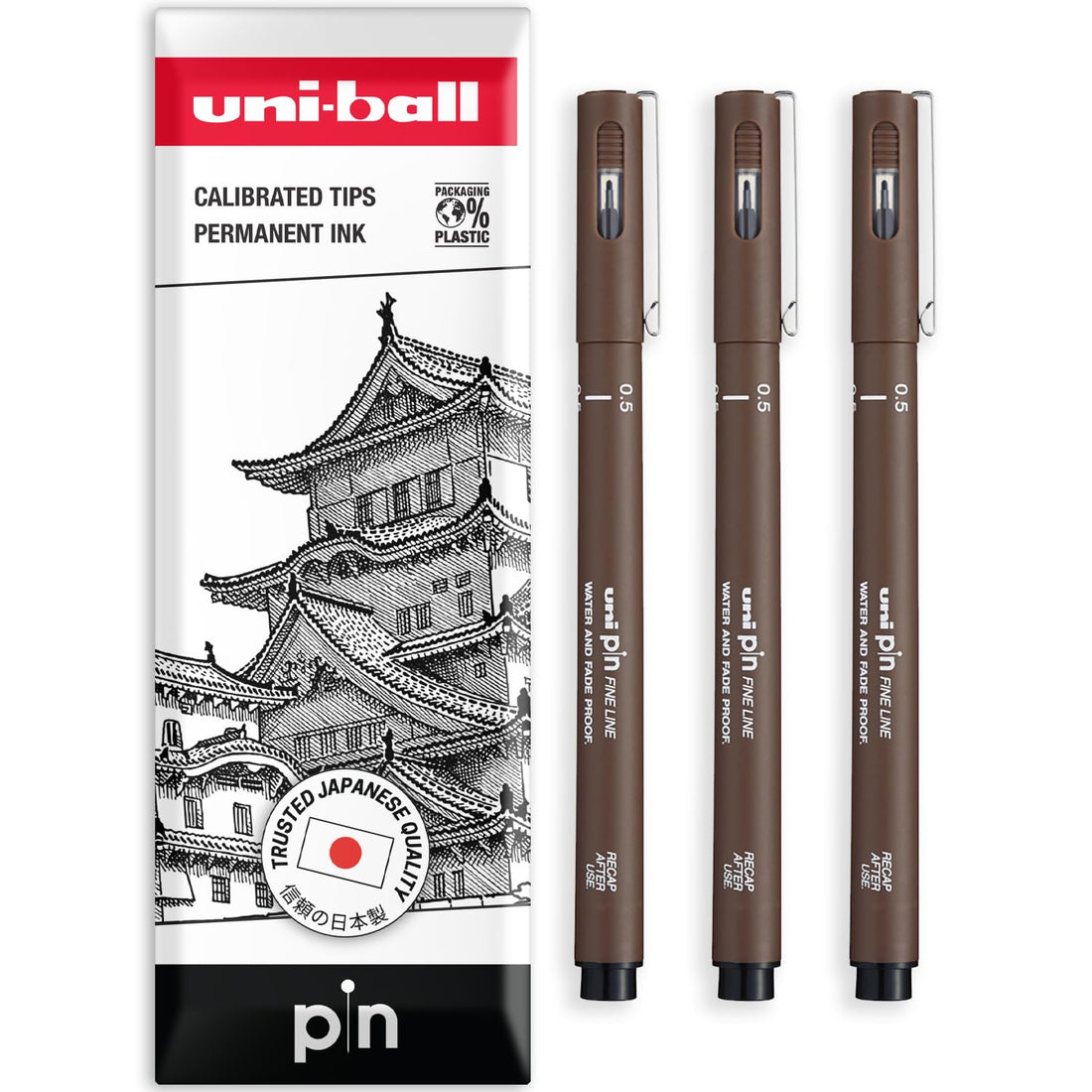Uni Pin Fineliner Drawing Pen - Sepia Ink - 0.5mm Nib - Pack of 3 - In Gift Box
