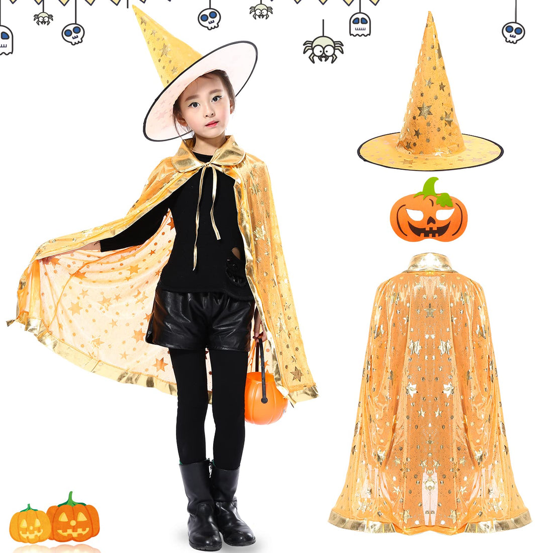 Halloween Wizard Cloak Witch Cape with Wizard Hat Face Mask Cosplay Party Prop Costume for Kids