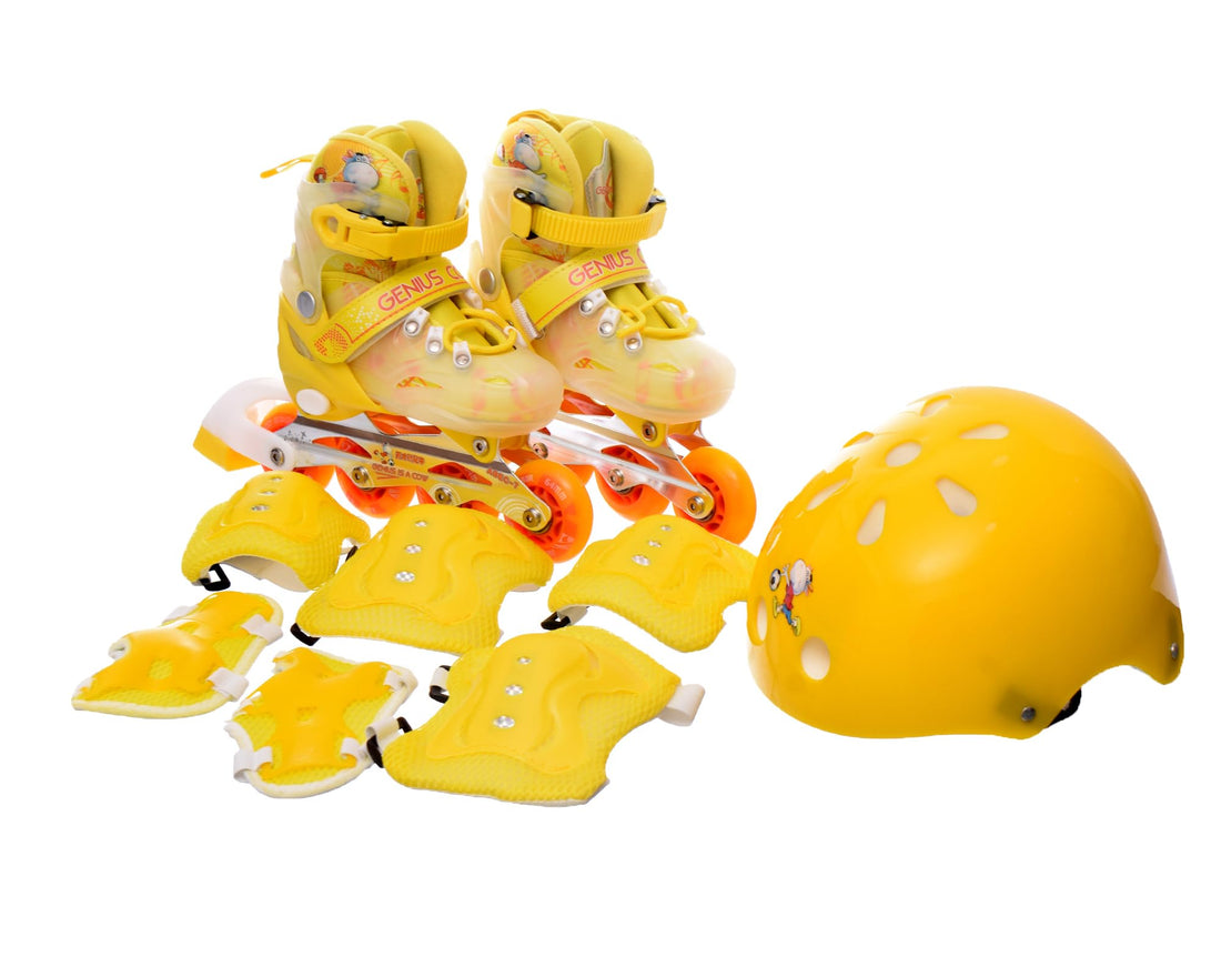 Inline Skates Adjustable Set of Roller Skates with Wheels and Kids Elbow Pads Protective Kit Helmet Set for Skating size 33-37 - Yellow