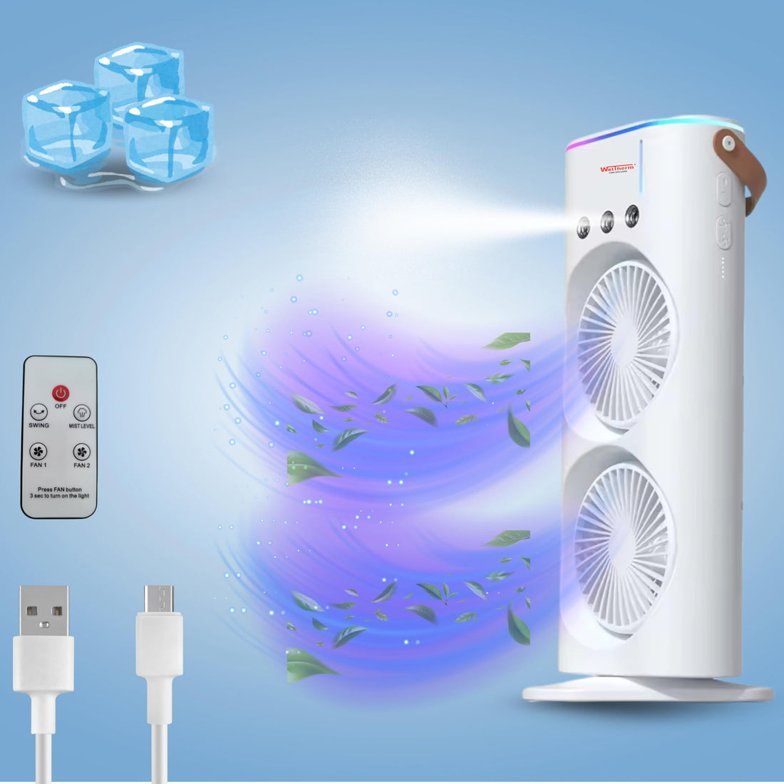 Weltherm Fan & Cooler| Mist Fan with Humidifier| Remote Control| Oscillating Swing LED Independent Control Dual Fan& 270°folding| Cooler with 3 Speed&3Mist Spray Modes|BLDC Motor|Ultra quiet| Cordless