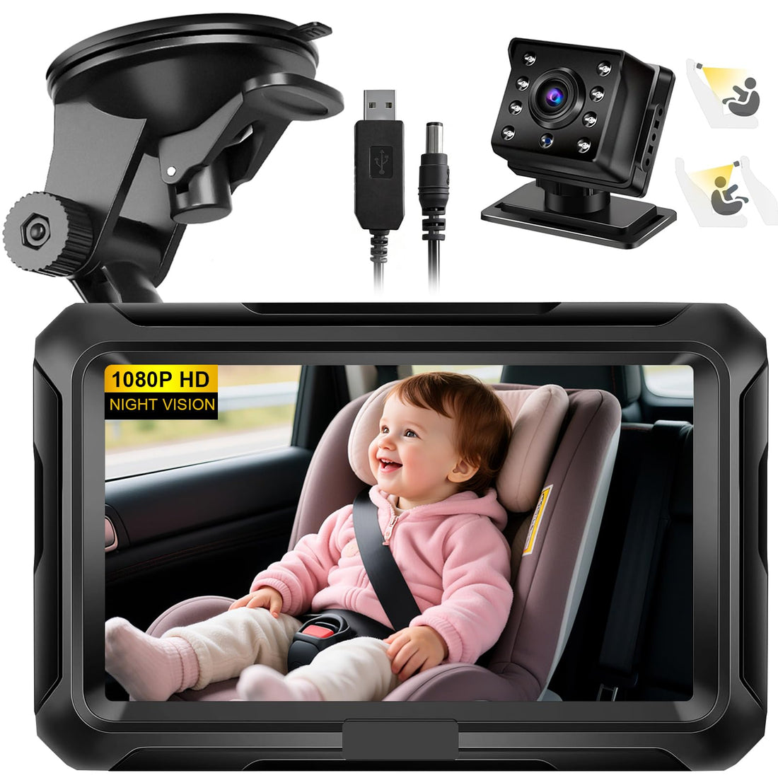 Omebel Baby Car Camera, 4.3" HD 1080P, Baby Car Mirror, 360 ° Rotation Night Vision Car Baby Monitor with Camera, Safety Baby Car Mirror Camera for Rear Facing 5 Mins Easy Installation