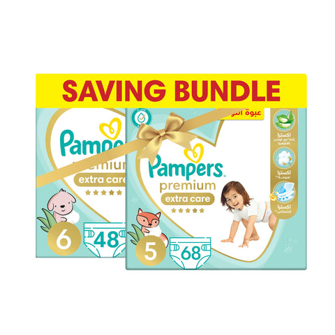 Pampers Premium EXTRA CARE Taped Diapers, Size 5, 68 Diapers + Size 6, 48 Diapers