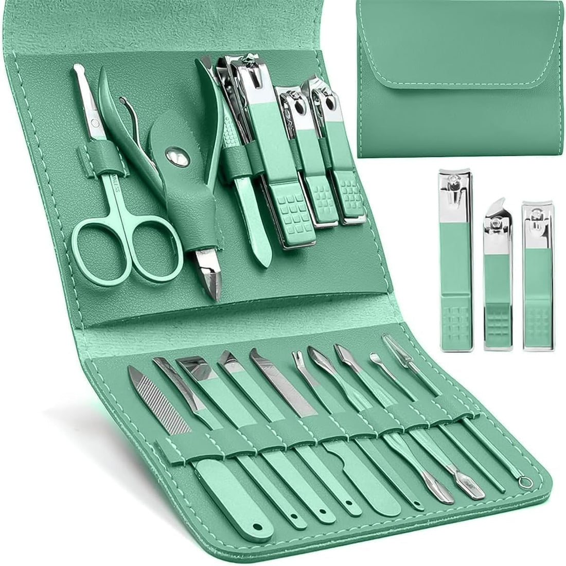 Manicure Set, Manicure & Pedicure Set 16 Pcs, Professional Grooming Kit for Men & Women, Stainless Steel Fingernail & Toenail Cutter, Ideal for Nails, Brows and Ears, Modern Design (Green)
