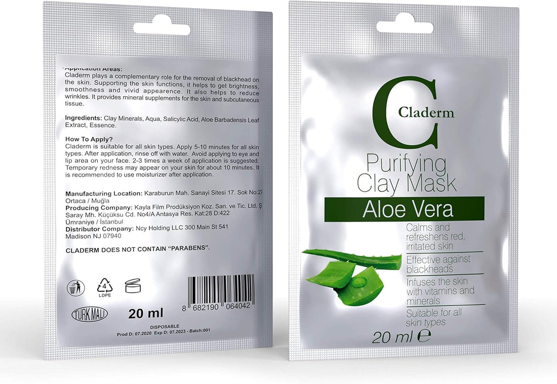 Claderm USA Purifying Clay Mask (Aloe Vera) A Gift From Nature, Calms and Refreshens Red - Irritated Skin, Effective Against Blackheads, Suitable for all Skin Types .made in turkey