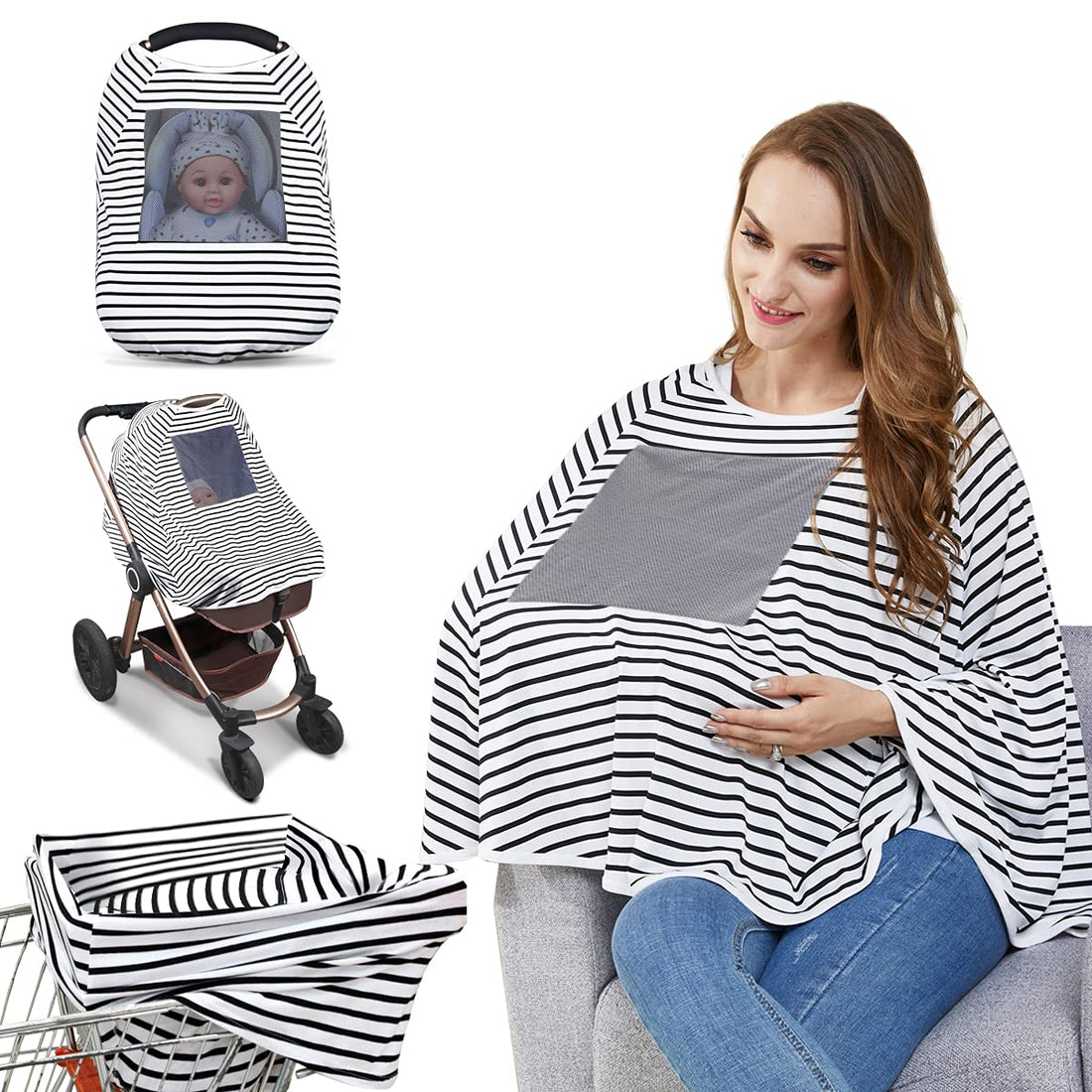 Moro Moro 3 Multi Use Baby Nursing Cover Poncho - (Black, White Stripes)