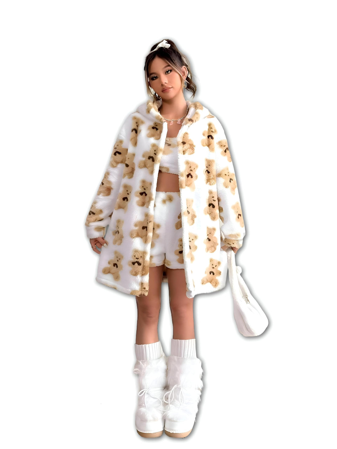 Plush Loungewear - Lovely three-piece fleece pajama set for women featuring robe, short, and top with teddy bear decorative prints, suitable as one versatile size for 55 to 85 kg