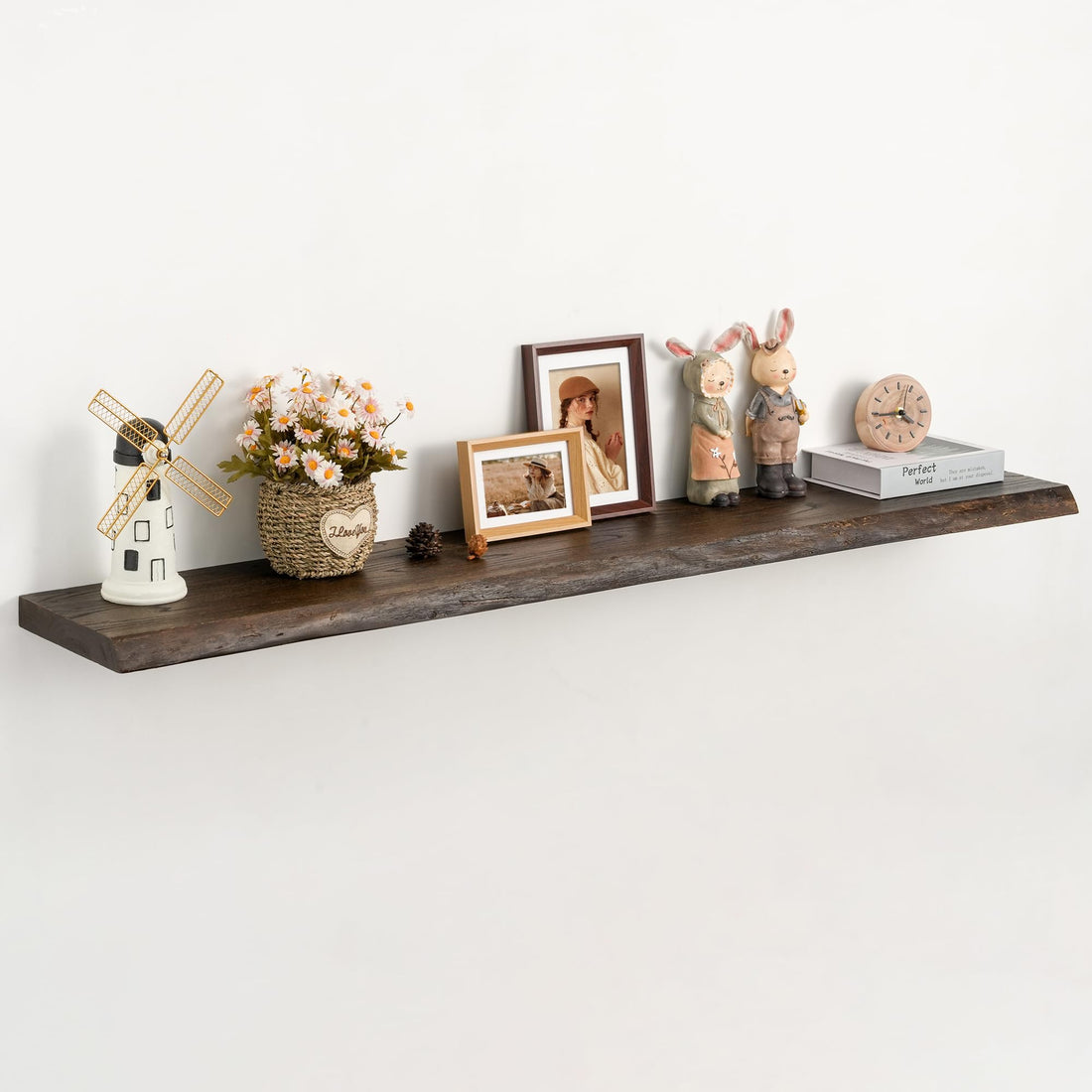 55" Rustic Elm Floating Shelf - Live Edge Solid Wood with Invisible Brackets, Extra Long Wall Mounted Shelf for Living Room, Kitchen & Bathroom, Brown