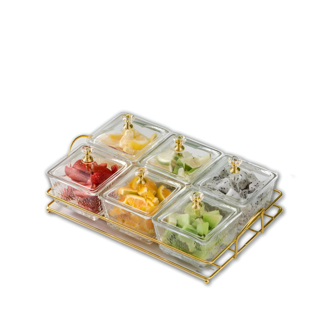 Serving tray-A set of clear bowls for serving with a golden metal rack, including buffet dishes and buffet server, ideal for chips, dips, nuts, candy, fruit, and desserts. (6 containers)