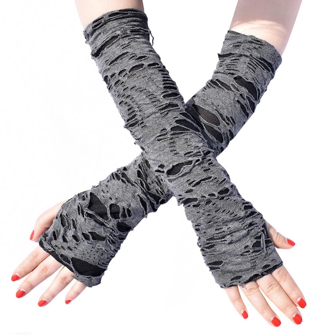 Ripped Fishnet Arm Warmers - Gothic Fingerless Gloves Sleeves for Women Men, Y2K Punk Grunge Rock Unisex Arm Accessories