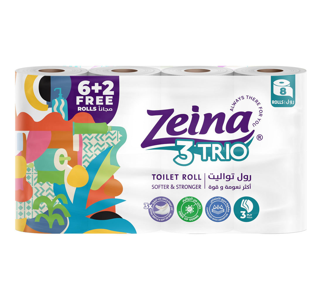 Zeina TRIO Toilet Roll - 3-Ply - 8 Rolls (6+2 Free)