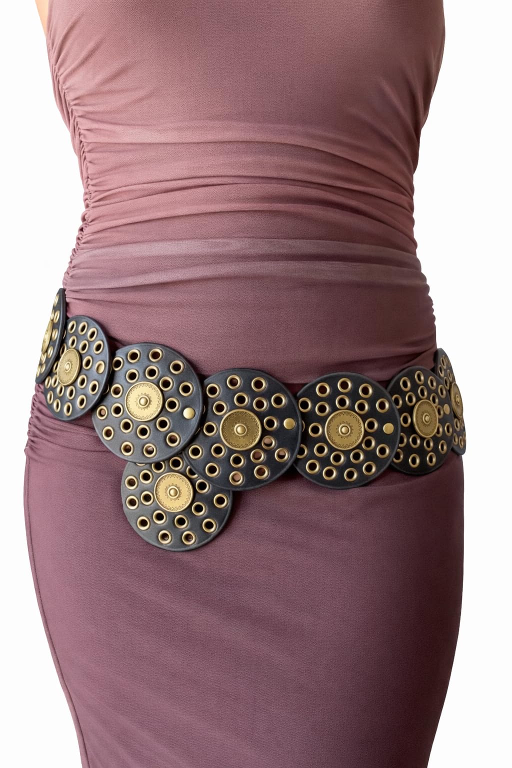 Women’s Black Faux Leather Cowboy Inspired Belt with Antique Gold Stud Details – Adjustable Cowboy Waist Belt