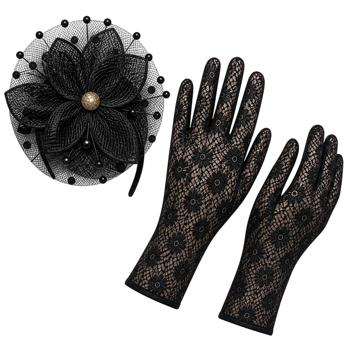 Black Lace Gloves and Fascinator Hat Set, Elegant Evening Accessory for Special Occasions