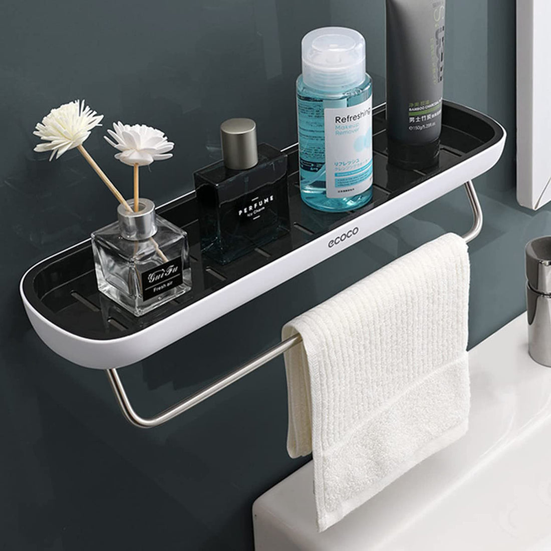 IBAMA Bathroom Shelf Storage Rack Holder Wall Mounted Shampoo Spices Shower Organizer Bathroom Accessories White Without Pole Black03, BSSTG03-BK