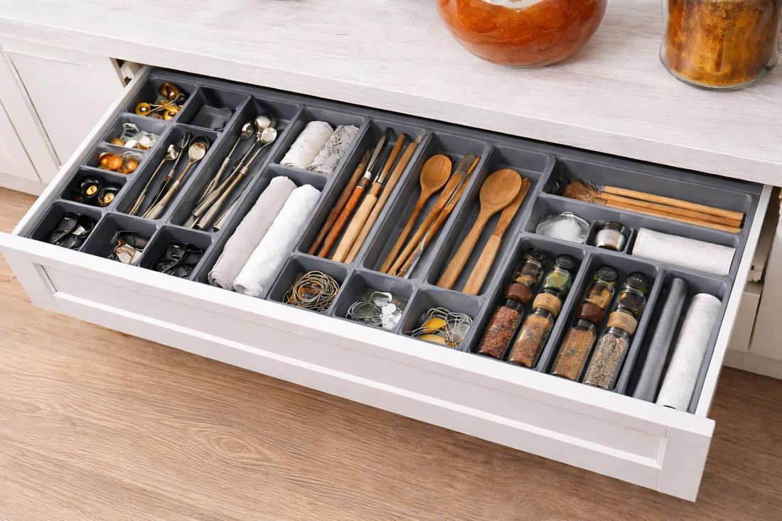Set Of 14 Premium Drawer Organizer Retractable Cutlery Tray Kitchen Storage Box For Fork Knife Spoon Desk Tools Stationery Organizer Flexible Design Fits Any Drawer Size Grey Plastic Custom Fit Tray