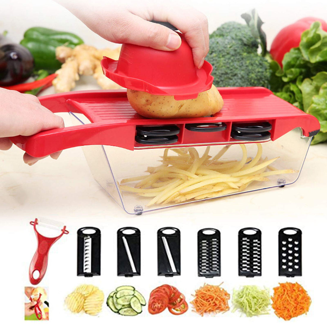 Vegetable Chopper Dicer Slicer Cutter, 6 in 1 Multi-Function Vegetable Cutter Set with 6 Stainless Steel Rotary Blades & Potato Peeler, Easy to Clean