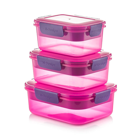 M-Design Fresco™ Lunch Box - 1.1L, 1.6L, 2.1L - Pack of 3 - BPA Free, Microwave Safe, Dishwasher Safe, Food Safe, Stackable - Pink/Purple
