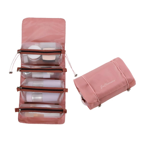 Cosmetic Organizer - Foldable 4-Compartment Travel Makeup Bag with Mesh Zippers for Convenient Storage of Beauty Essentials (pink)
