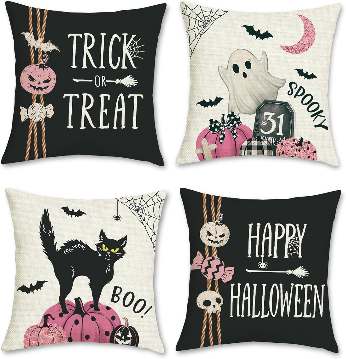 Happy Halloween Throw Pillow Covers 18 x 18 Inch Boo Black Cat Pink Spooky Pumpkin Bat Trick or Treat Decorative Pillow Cases for Couch Sofa Bed Home Decor Set of 4