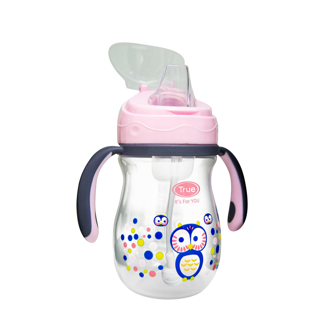 True cup with silicon spout & weighted straw to allow drink from any angle