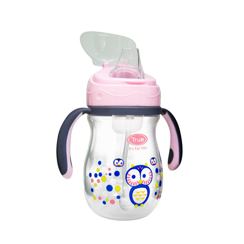 True cup with silicon spout & weighted straw to allow drink from any angle