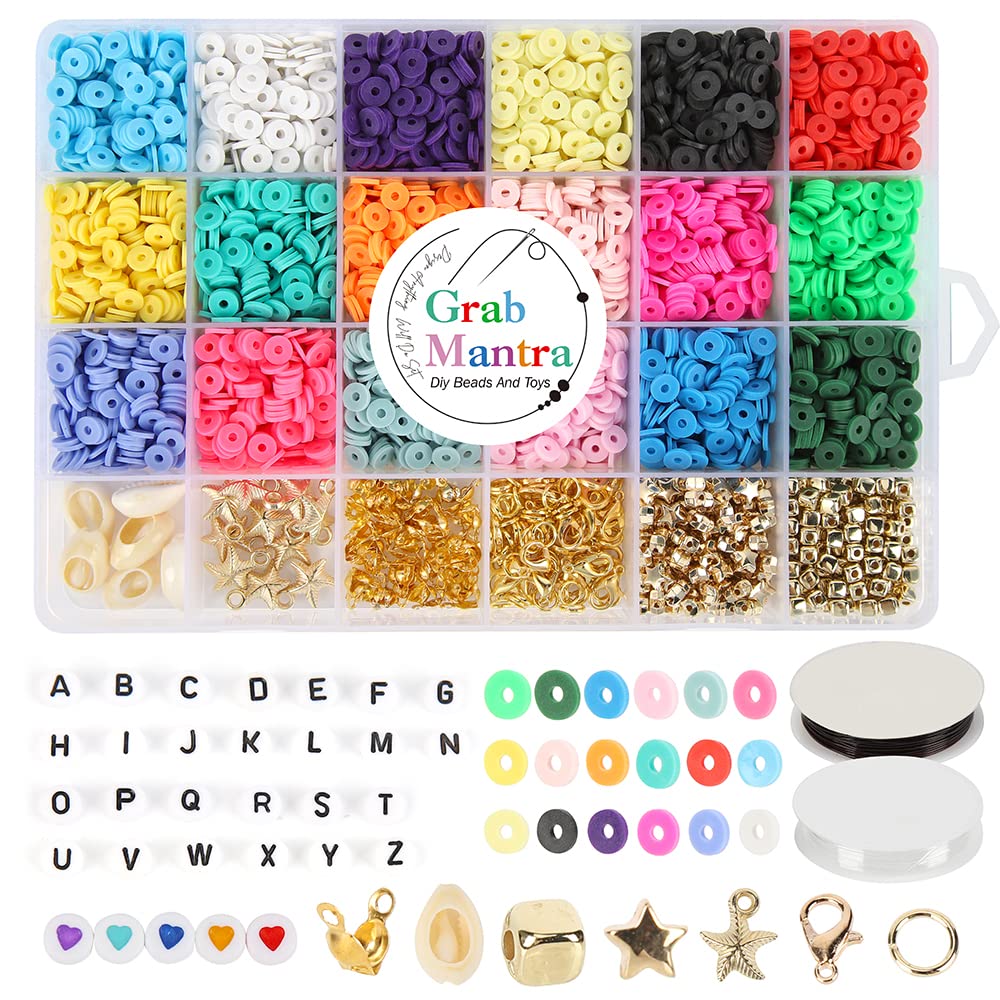 GrabMantra Clay Flat Beads , Heishi Beads Kit Flat Round Polymer, Spacer Beads with Charms ,String, Shell Pendant, for Bracelets Necklace Earring DIY Craft (3500 Clay-600 Letters)