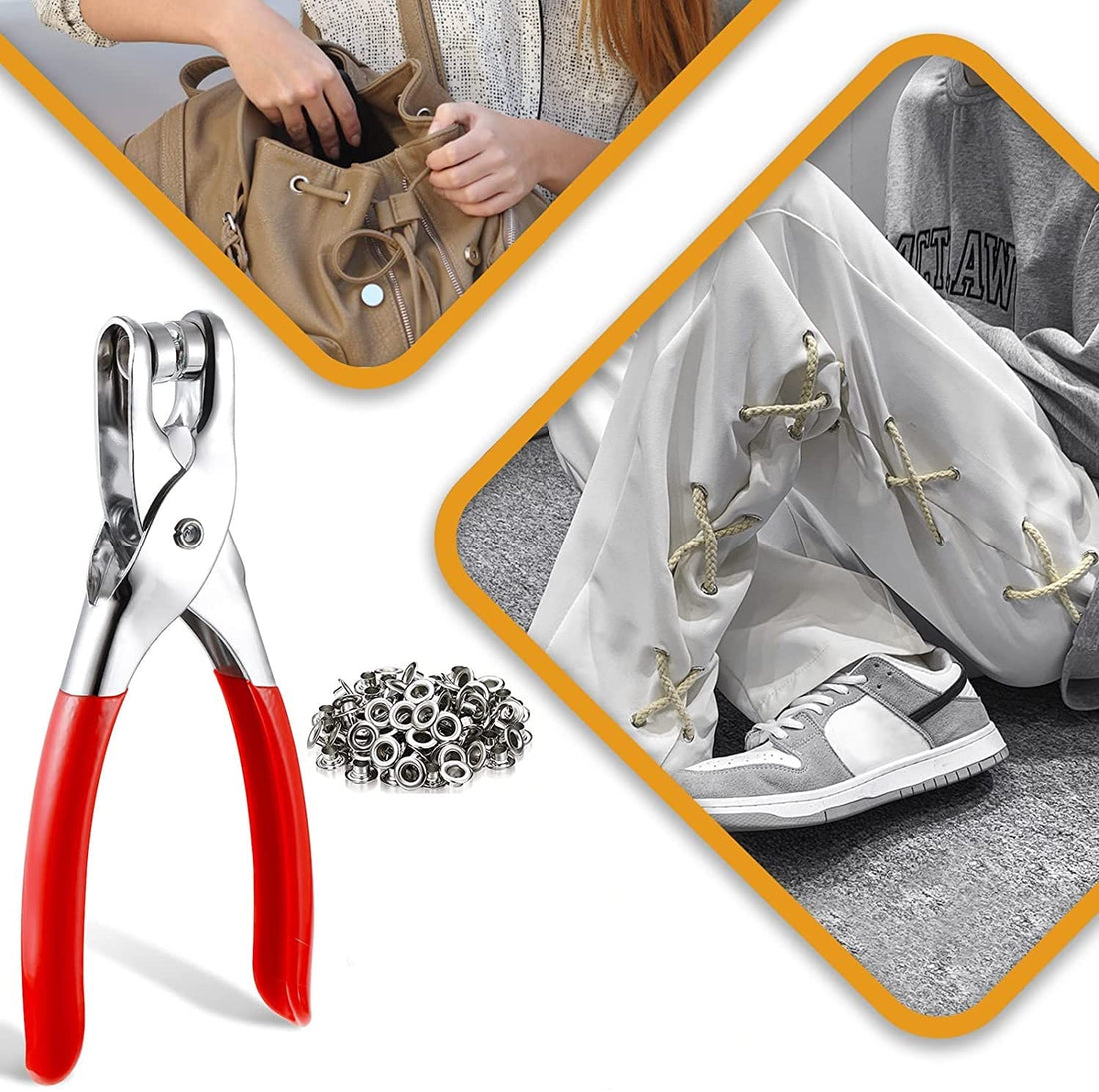 Grommet Tool Kit, 1/4 Inch Eyelet Hole Punch Plier with 100 Metal Eyelets in Gold and Silver, Metal Hand Press Grommet Hole Puncher for Fabric, Leather, Boot Repair, Clothes, Canvas, Belt