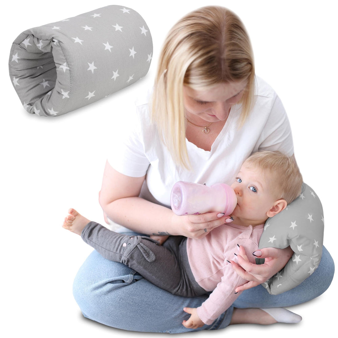 Totsy Baby Breastfeeding Cushion 26 cm x 16 cm – Mini Pregnant Sleeping and Nursing Cushion Washable Baby Cushion for Travel Stars Grey