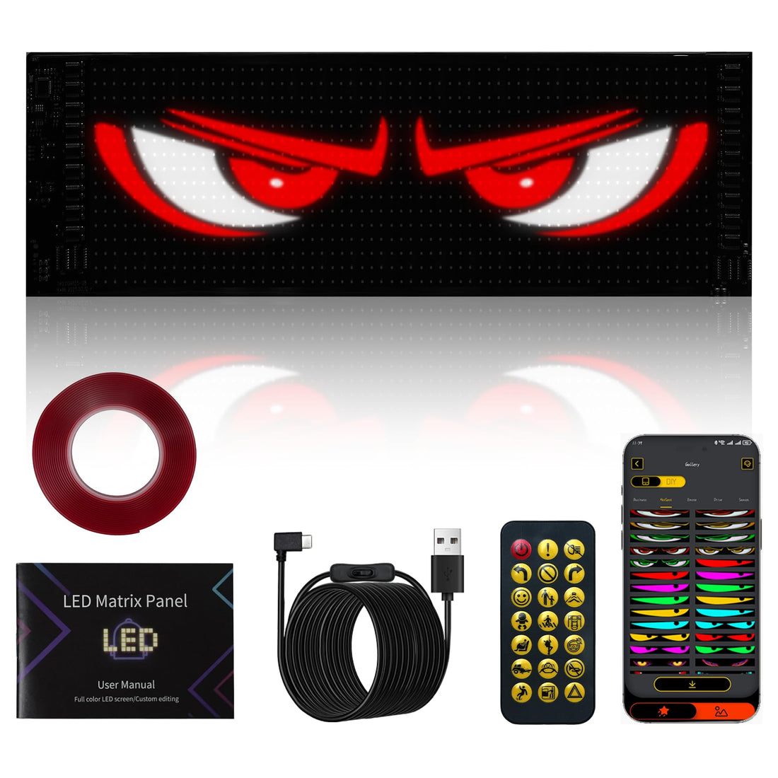 Looklight Eyes Car LED, Eyes for Car LED Display Programmable, Neon Sign Personalised, LED Sign, Interior Lighting Bluetooth USB for Truck, Text, Graffiti, Smart App (37.4 x 9.2 cm)