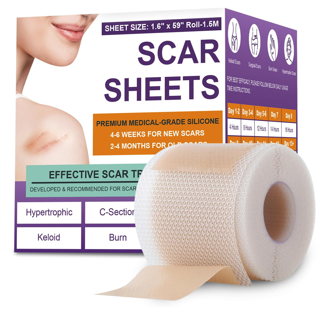 Silicone Scar Sheets,Silicone Scar Tape,Scar Tape for Surgical Scars,Silicone Scar Removal Strips for Surgical,C-Section,Tummy Tuck,Keloid Scars(1.6"X 59" Roll-1.5M) Keloid Bump Removal