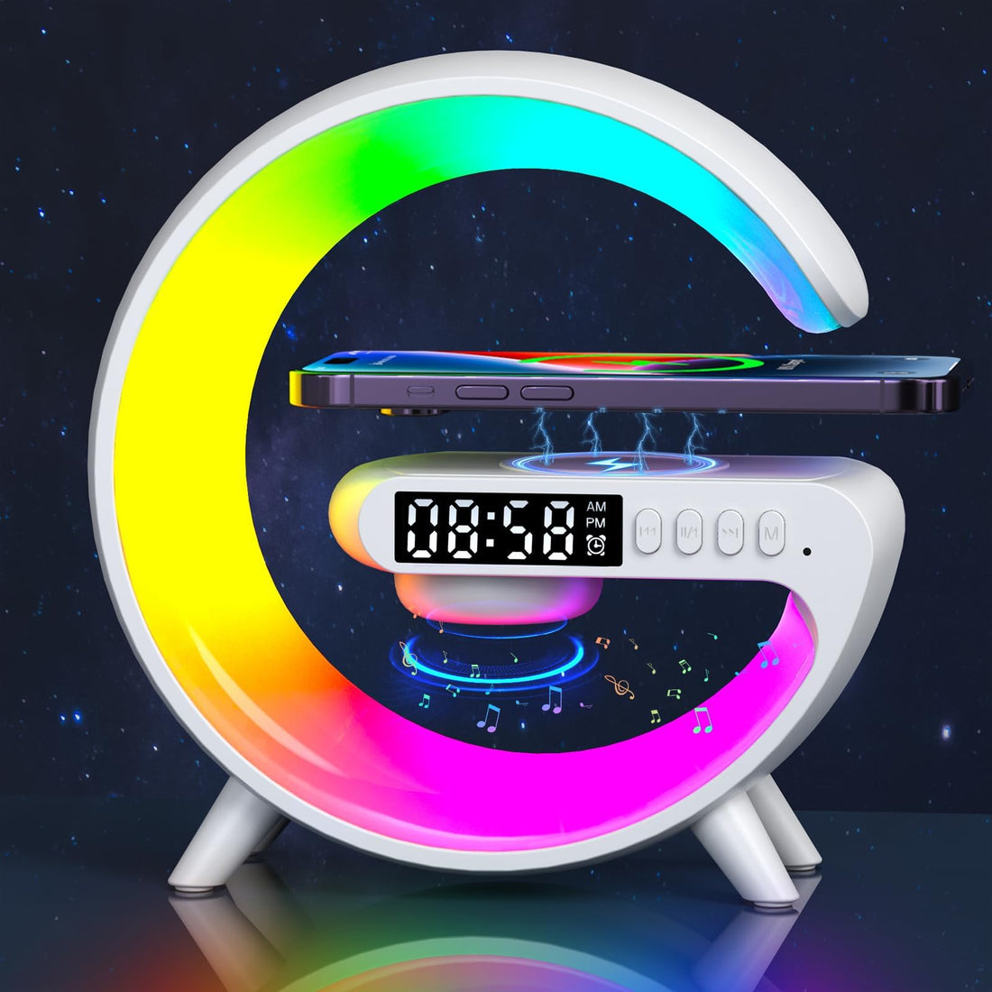 Les-Theresa Atmosphere Lamp with Wireless Charger, G Shaped Bluetooth Speaker with Light Alarm Clock, Mood Light Connected via USB-C Connected, Dimmable LED Desk Lamp (White)