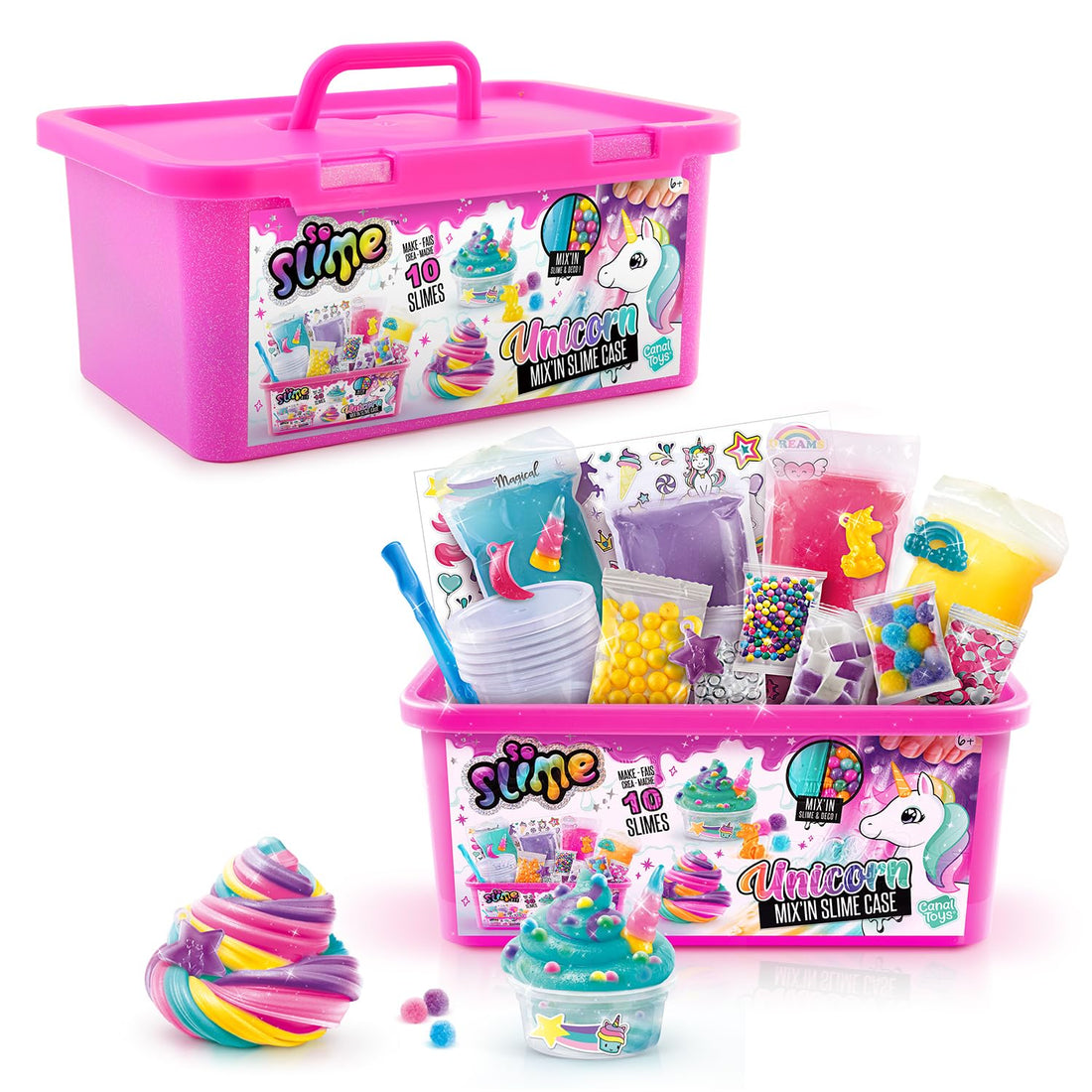 So Slime DIY Unicorn Mix-in Slime Case, 10 Slimes Kit with Beads and Decorations, Pink Storage Container