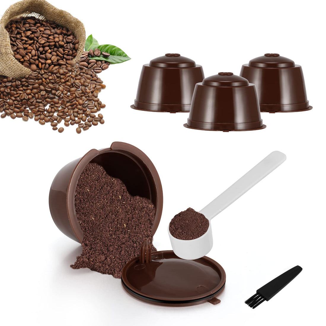 Reusable Coffee Pods, Reusable Capsules Compatible with Dolce Gusto, 4 Reusable Refillable Coffee Pods with 1 Plastic Spoon and 1 Brush, Brown