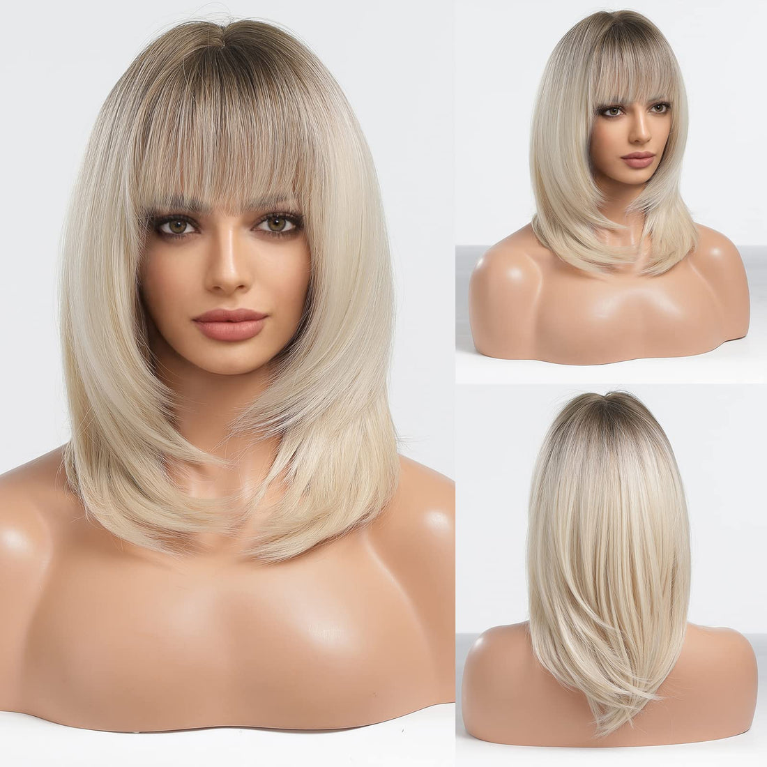 ECIF Blonde Wigs For Women, Shoulder-Length Wigs With Bangs Synthetic Hair Layered Wigs Heat Resistant Fibre