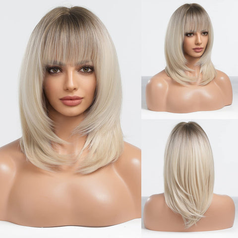 ECIF Blonde Wigs For Women, Shoulder-Length Wigs With Bangs Synthetic Hair Layered Wigs Heat Resistant Fibre