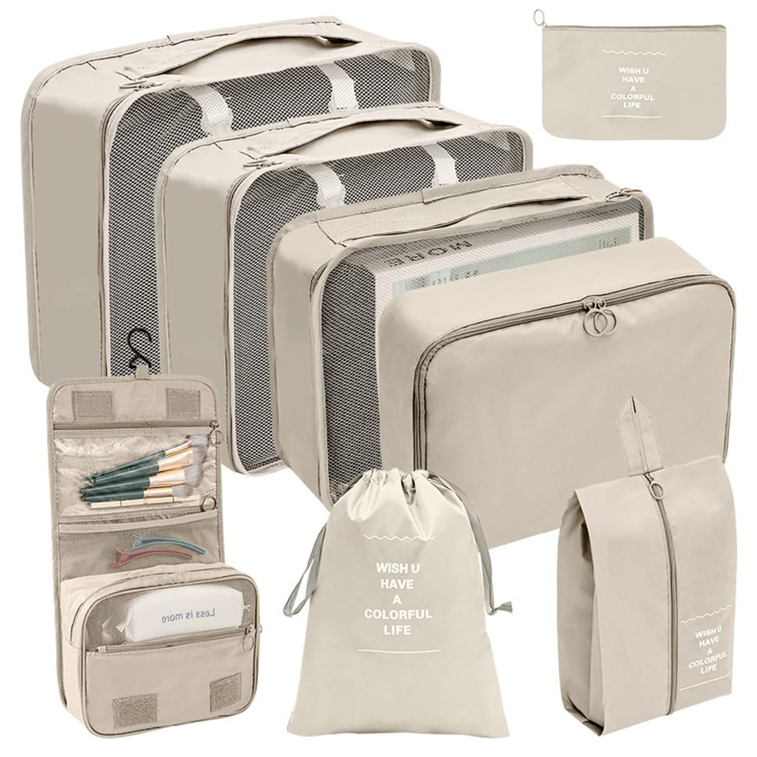 ECVV 8 Set Packing Cubes for Suitcases Luggage Packing Organizers with Laundry Bag Shoe Bag Underwear Bag Travel Essentials Luggage Organizer Cubes (Beige)