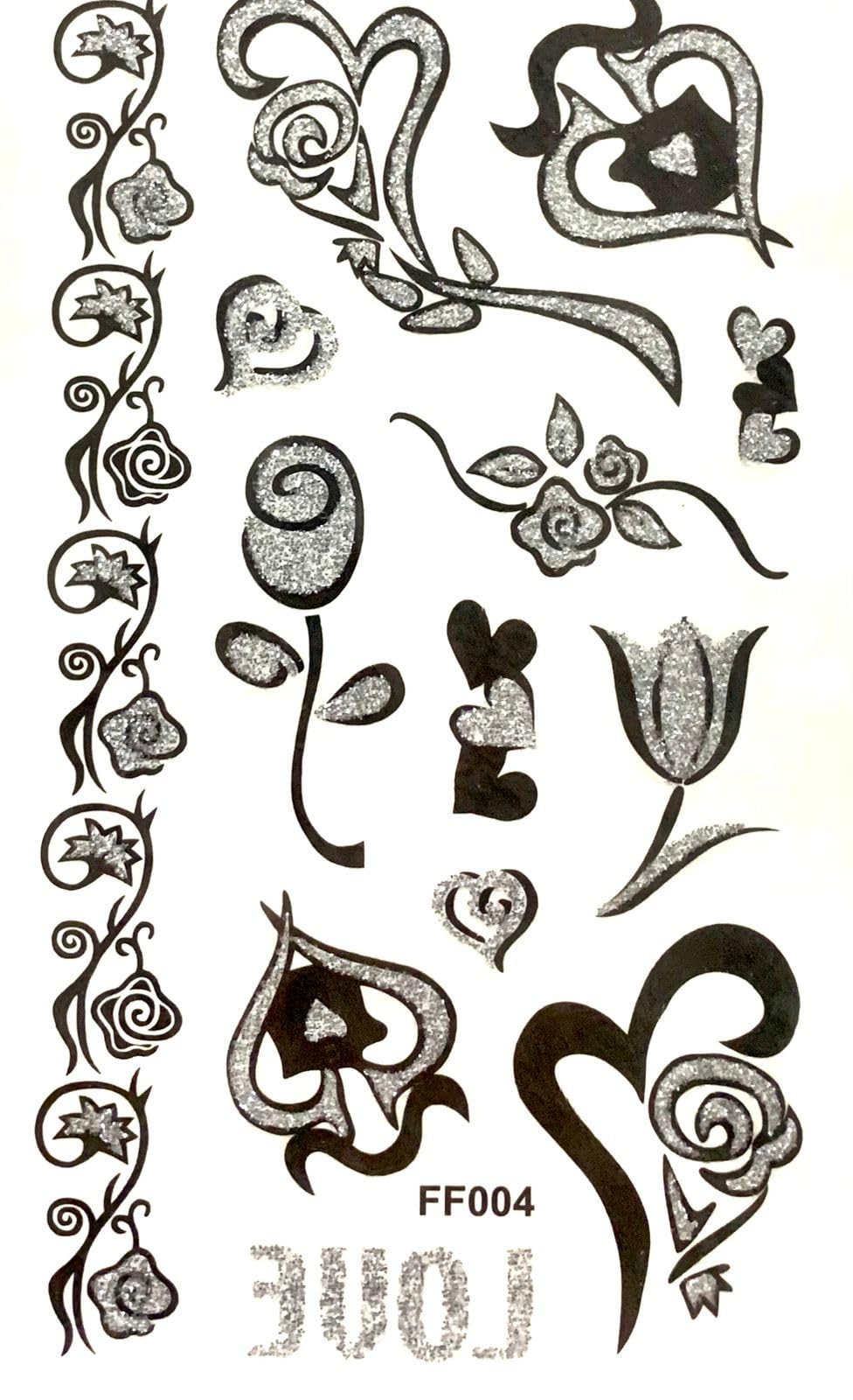 Tattoo GLITTER Tech, 1 Sheet Medium Semi Permanent Tattoo21*12cm, Adult Art Design Temporary Tattoos, Lasts 1-2 Weeks, Waterproof, Realistic Look, No Adhesive, No Reflection (FF004)