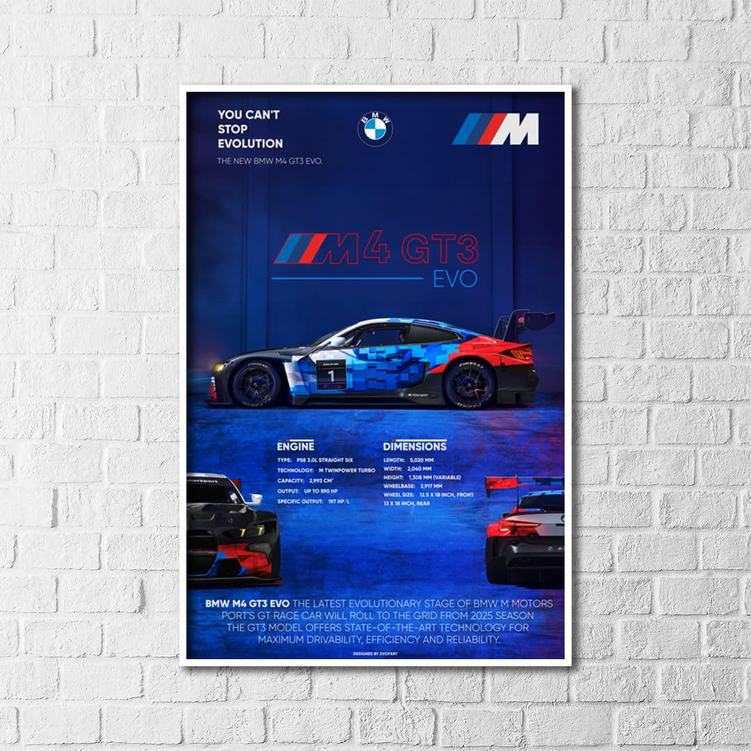 DVOFART Racing M4 GT3 EVO Car Poster Automotive Wall Art - Perfect for Modern Home, Office, Garage, or Studio Decor - Vibrant and Durable Prints (White, 20x30, Framed)