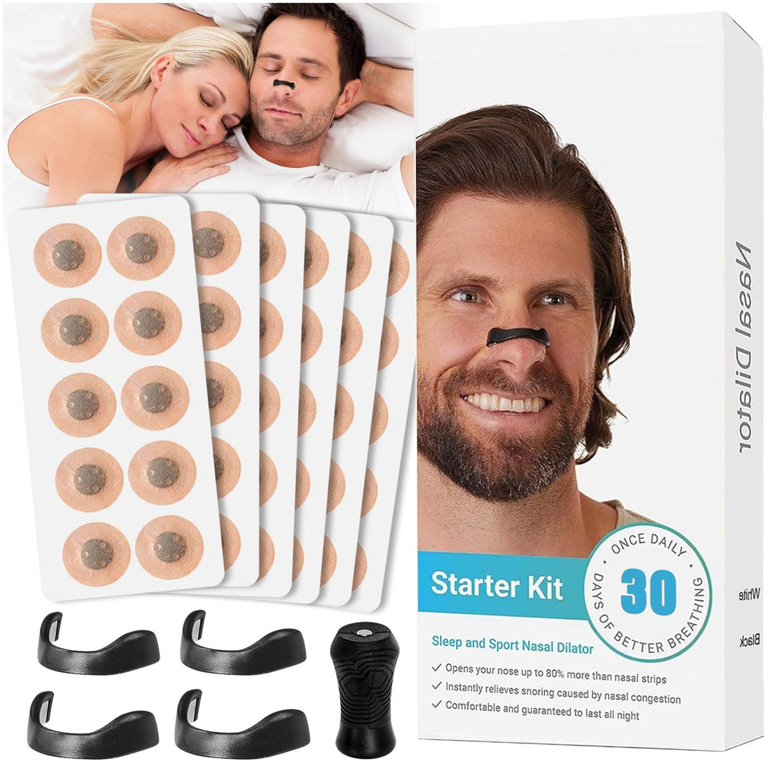 Pack of 30 Magnetic Nose Plasters, Anti-Snoring Nose Strips, Magnetic Nose Plasters, Intake Breathing Nasal Strip, Improved Sleep Quality for Business Trips, Family, Travel, Hotel Luggage