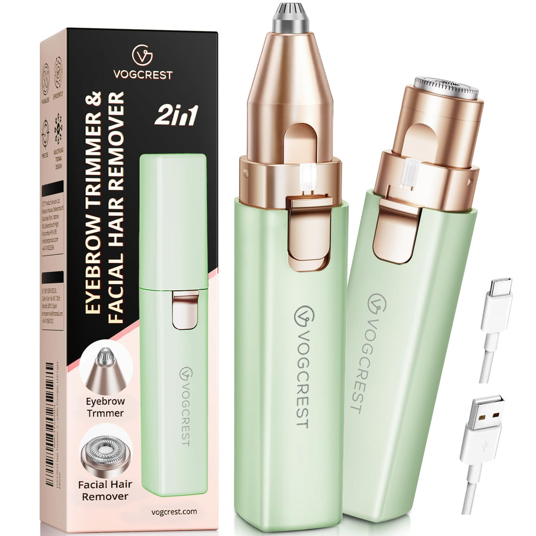 Portable Eyebrow Trimmer & Facial Hair Removal for Women, Rechargeable 2 in 1 Hair Remover and Eyebrow Razor, Eyebrow Lips Body Facial Hair Remover for Women with Built-in LED Light (Green)