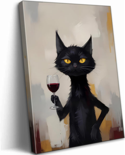 Framed Funny Black Cat Canvas Wall Art Trendy Black Cat Drinking Red Wine Picture Wall Decor Minimalist Animal Cat Poster Print Artwork for Bedroom Office Dining Room Bar Home Decoration