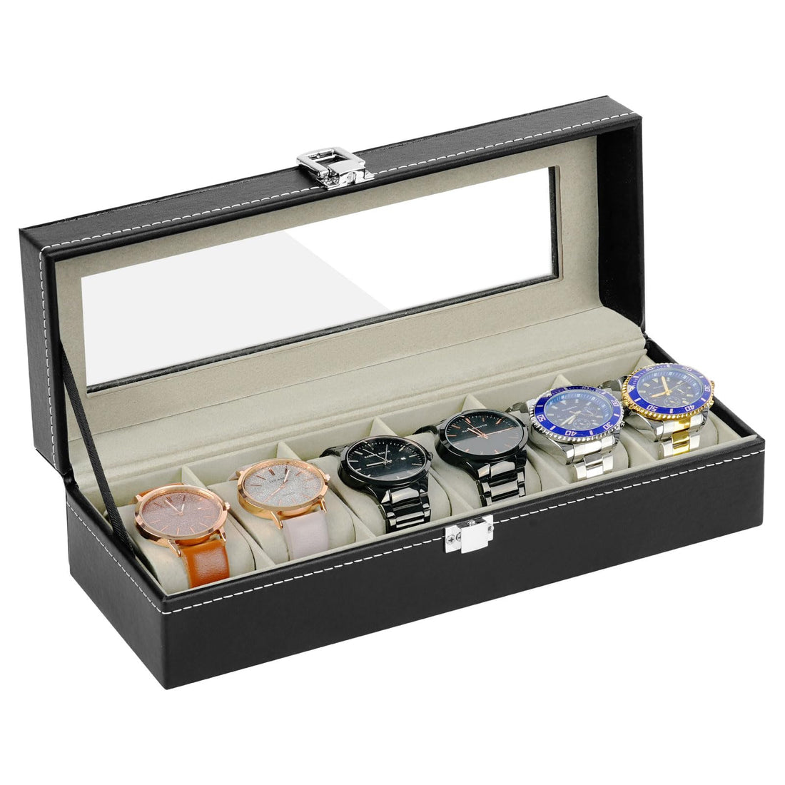 OFFCUP Watch Box with 6 Slots, Watches Case with Glass Lid, PU Leather Watch Display Storage Box with Removable Watch Pillows, Gift Idea for Jewellery Bracelets Bangles Storage (Black)